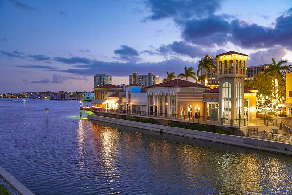 Waterside shops at night