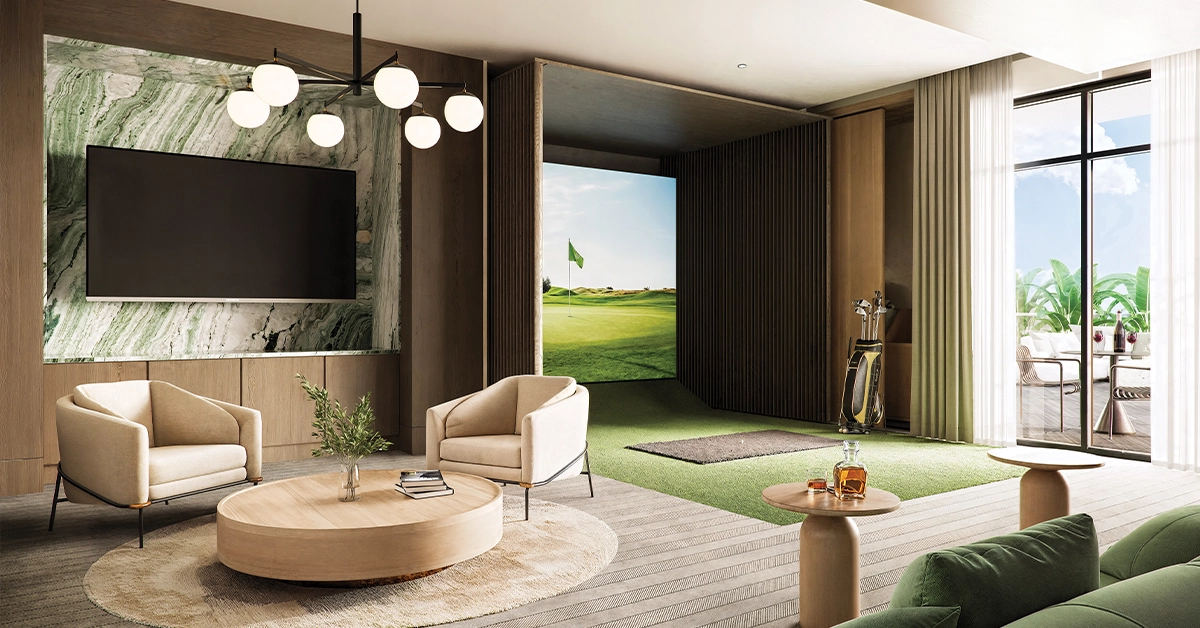 Luxury sports lounge with seating, golf simulator, putting green, and terrace access