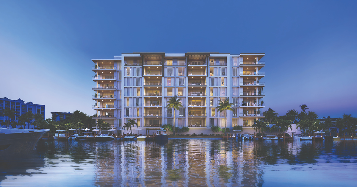 Rendering of a waterfront condominium with marina at dusk.