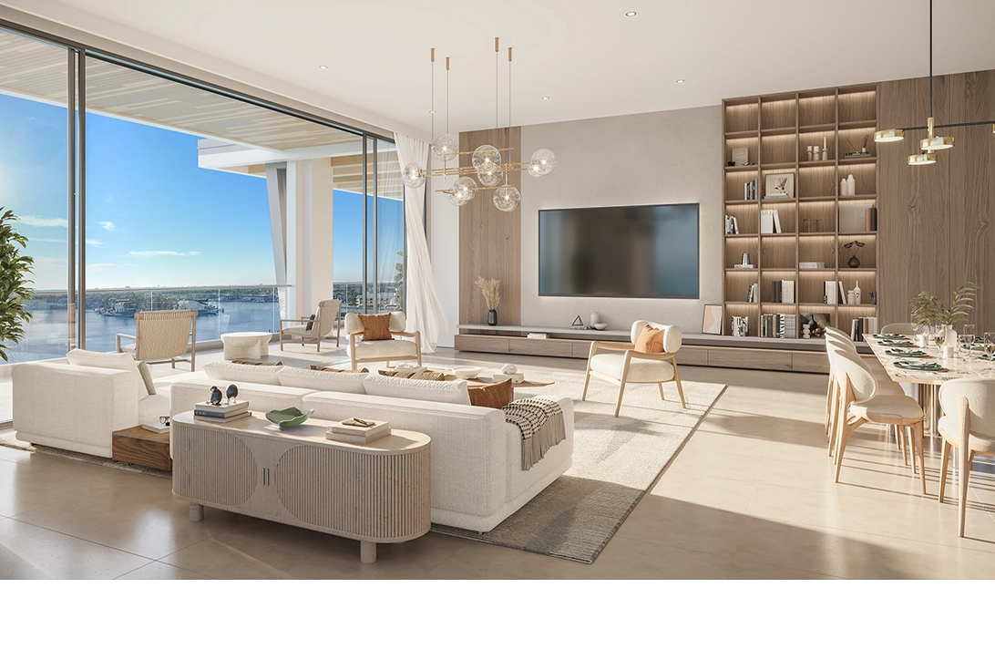 Luxury penthouse great room with panoramic bay views and floor-to-ceiling windows