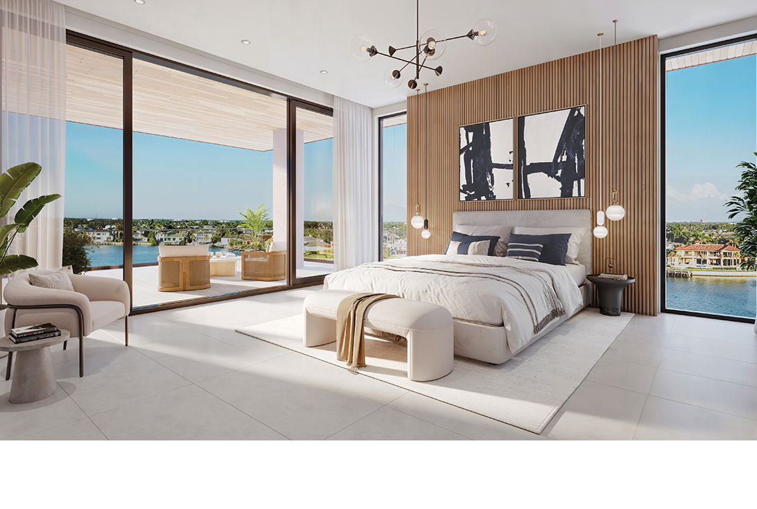 Luxury bedroom suite with floor-to-ceiling windows and waterfront terrace views at 3300 Gulf Shore Naples
