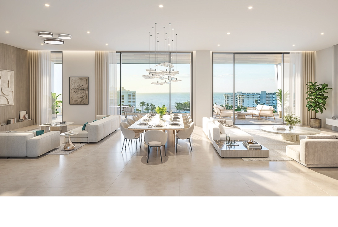 Luxury living and dining space with ocean views and terrace at 3300 Gulf Shore Naples