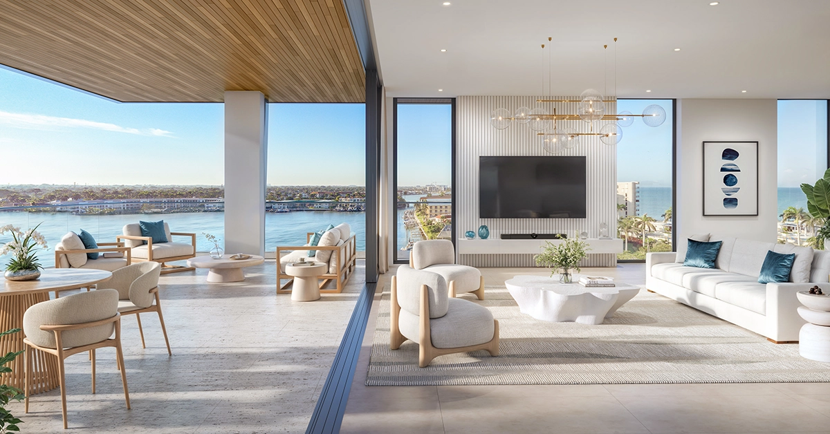 Luxury residence terrace and living room with panoramic bay views at 3300 Gulf Shore Naples