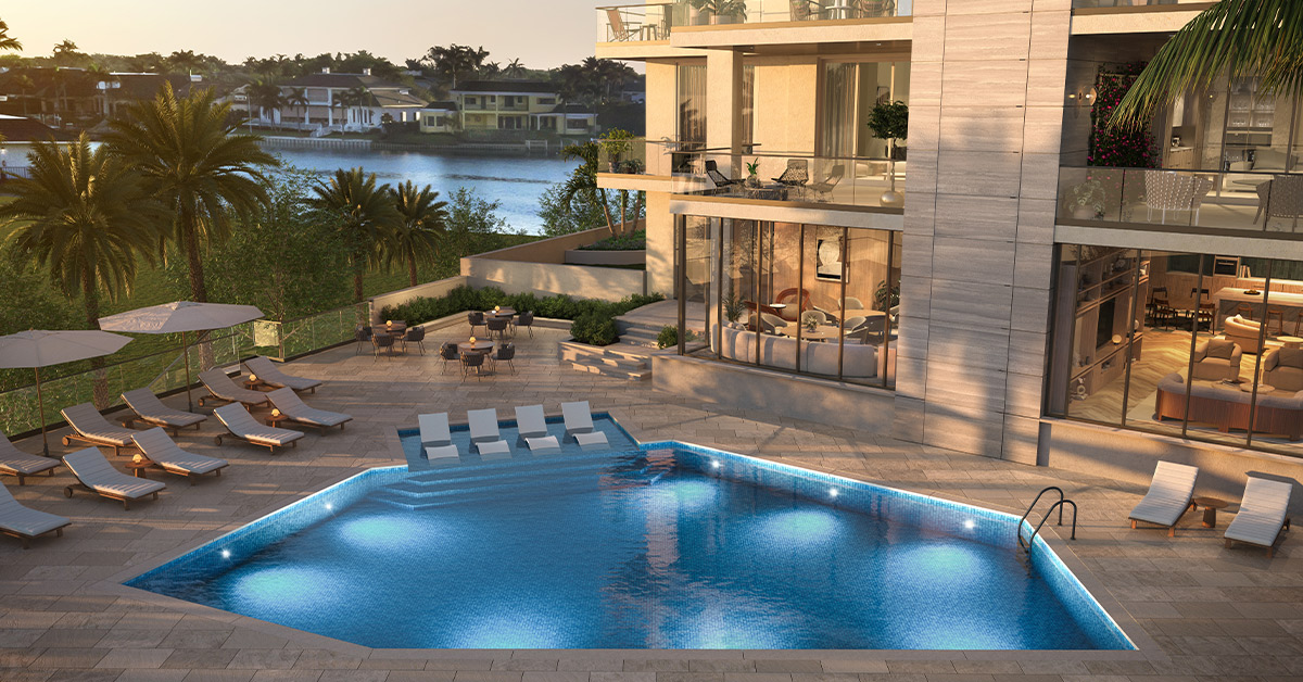 pool deck, sunset, waterfront residence, lounge chairs, palm trees, outdoor pool, luxury amenities, evening light, patio, real estate